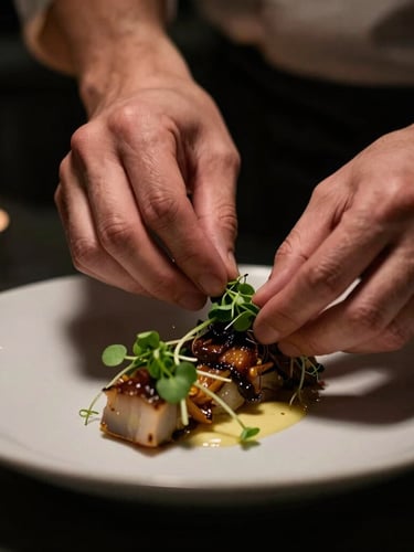 Close-up of a chef's hands precisely plating a delicate microgreen garnish on an artfully arranged dish, moody low-key kitchen lighting, deep shadows, shallow depth of field