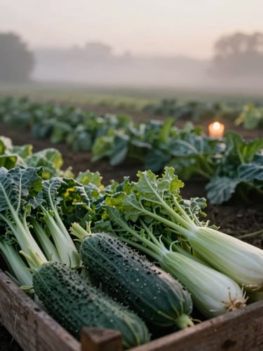 Environmental shot of a local organic farm at dawn, misty air, crates of freshly harvested heirloom vegetables in the foreground, low-key natural light.