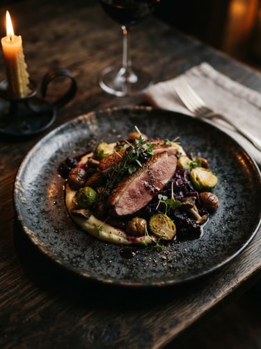 Moody editorial food photography, warm candlelight, deep shadows, a beautifully plated seasonal dish on a dark ceramic plate, shallow depth of field, 35mm