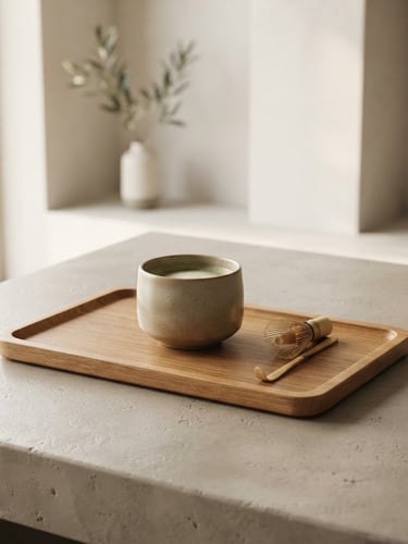 Sleek minimalist wooden tray with a ceramic cup on a concrete table, soft natural morning light, high-end design editorial style