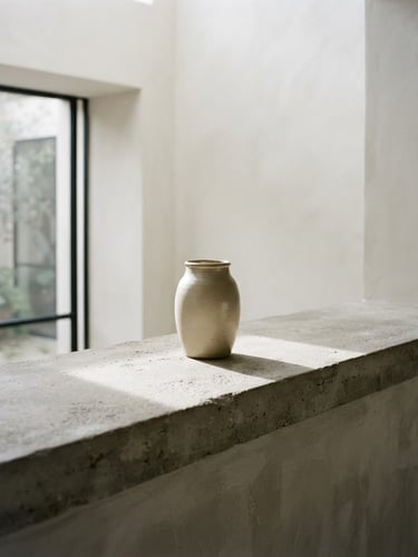 A single minimalist ceramic vase on a raw concrete ledge, soft morning daylight casting long shadows, architectural negative space, 50mm lens