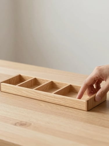 Hands carefully arranging minimalist wooden desk organizers on a light ash wood table, soft side daylight, clean composition, 50mm lens