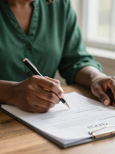 Close-up of an African American woman's hands signing mortgage closing documents, warm natural window light, shallow depth of field, 35mm