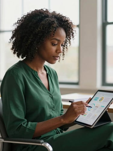 An African American woman sitting in a warm, naturally lit office, mapping out a social media strategy on a digital tablet, 35mm