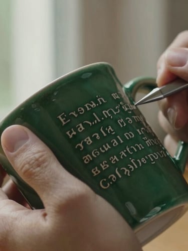 Close-up of hands etching scripture onto a dark green ceramic coffee mug, warm natural window light, shallow depth of field, 35mm