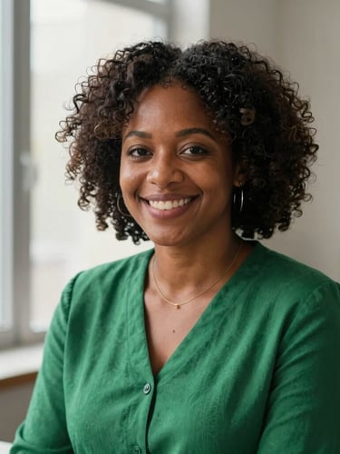 A medium environmental portrait of an African American woman in a warm, naturally lit office, smiling confidently, soft window light, shallow depth of field, 35mm