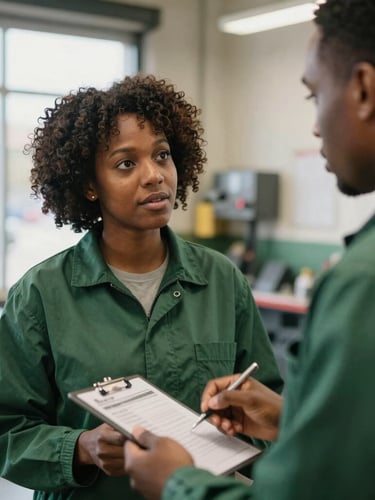 An African American woman conducting an identity inspection at a local mechanic shop, talking with a mechanic, soft workspace lighting, 35mm