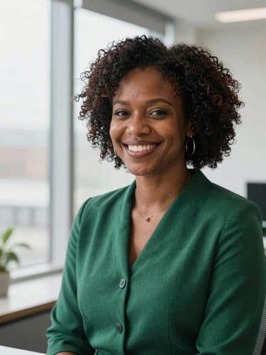 An African American woman smiling warmly in a bright office, soft natural window light, professional and welcoming atmosphere, 35mm photography