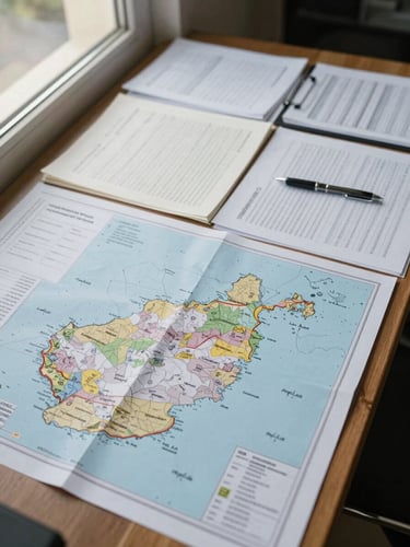 Wide-angle view of a policy analyst's desk from above — detailed maps of Afghanistan spread across the surface, annotated field notes and printed data sheets, a pen resting mid-margin, natural overcast daylight from a window to the left, documentary framing with no people visible