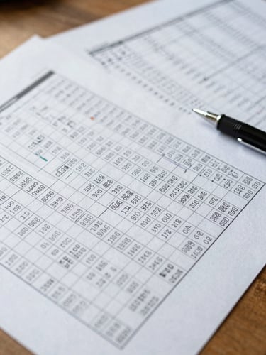 Close-up of financial data printouts and ledger pages spread on a wooden desk, natural overcast daylight, columns of figures partially annotated in pen, no people visible