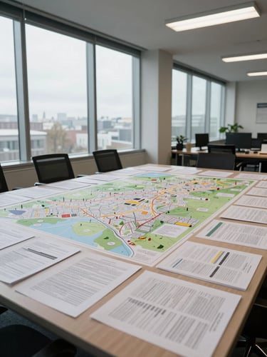 Wide-angle view of a policy analysis office interior, overcast daylight through tall windows, large printed maps covering a central table, documents and annotated field reports spread across the surface, no people visible