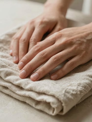 Close-up of warm hands gently resting on folded natural linen, soft diffused daylight, earthy sage tones, shallow depth of field, 35mm