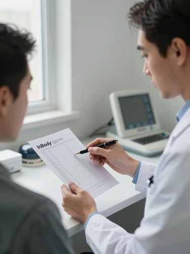 Close-up medium shot of a male patient and a clinician reviewing an InBody body composition printout together at a clinical desk, soft natural window light from the left, organized clinical space visible in background, documentary style