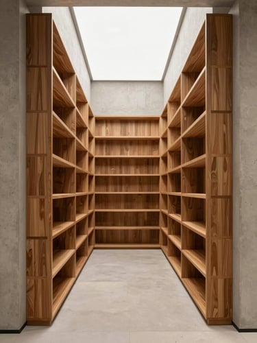 Architectural wide shot of a fully installed retail storefront interior — custom floor-to-ceiling shelving units in warm wood veneer fitted precisely into a mall corridor niche, clean geometric lines, bright even overcast daylight from a skylight above, no people, camera framing from a low-angle perspective that emphasizes the exact fit of cabinetry against concrete walls
