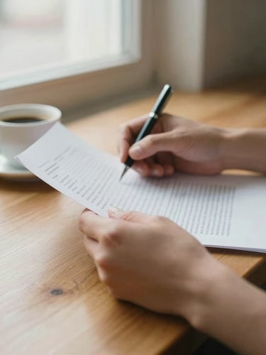 Close-up of hands reviewing paperwork over coffee on a warm wooden table, soft natural window light, muted earth tones, shallow depth of field.