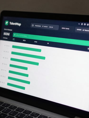 High-fidelity clean dashboard interface of TalentMap AI showing KKNI level progress bars, emerald green accents, structured data tables, crisp UI design on a dark navy screen.