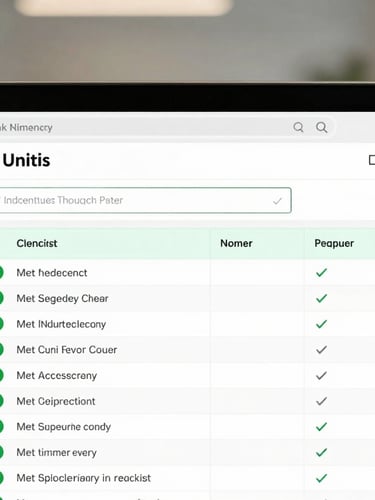 A close-up of a high-resolution UI screen showing a detailed SKKNI competency unit checklist, with green checkmarks indicating met requirements and clear gap analysis indicators, modern office background softly blurred.