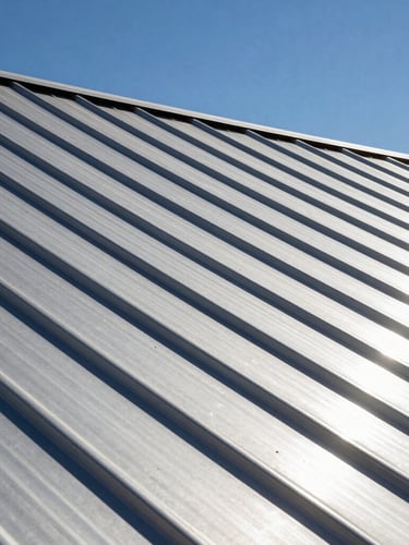 Crisp close-up of standing-seam metal roofing panels, metallic texture reflecting harsh desert sun, sharp shadows, architectural detail.