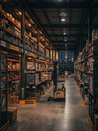 Wide environmental shot of a clean, organized modern warehouse interior in New York, dramatic low-key lighting with warm amber accents, sharp focus.