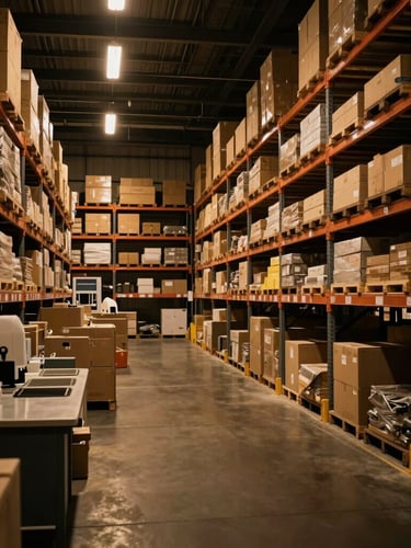 Interior of a clean, highly organized New York warehouse with high-contrast amber lighting, structured storage racks, and precise packaging stations.