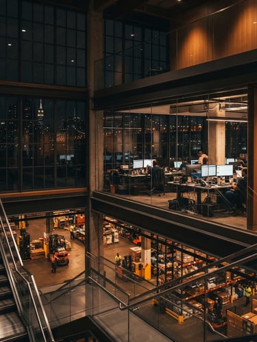 Sleek modern logistics office in New York, architectural steel and glass windows, warm amber lighting accentuating clean lines, sharp focus.