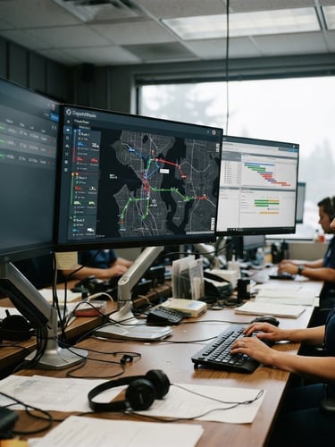 High-fidelity screenshot of DispatchRoute dashboard, showing a map with optimized routes and driver assignments. Multiple monitors in a modern but real dispatch office, overcast natural daylight.