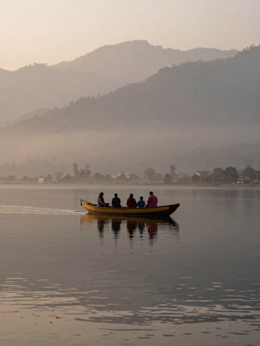 Environmental wide shot of Nagin Lake Kashmir, a family on a shikara boat moving across still water at dawn, mountains behind, soft mist, ochre and slate tones, no posed faces