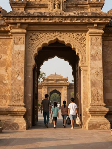 Wide environmental shot, a family of four walking through an ornate temple gateway in golden morning light, bags in hand, children slightly ahead, destination visible in the background, warm ochre stonework, daylight-dominant, no posing