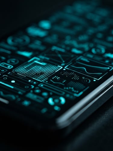 Extreme macro close-up of a premium Android screen displaying sharp monospaced widgets, neon cyan edge reflections on deep black glass, shallow depth of field