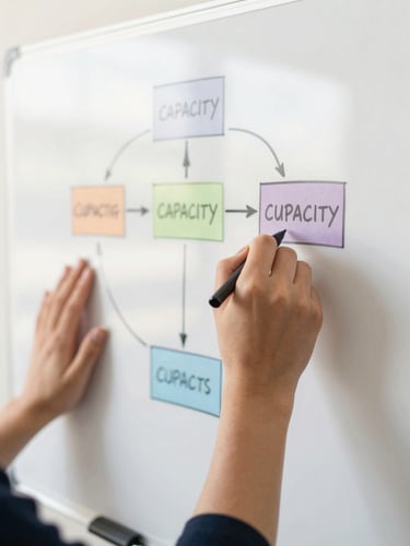 A close-up of hands drawing a strategic capacity framework on a whiteboard, bright natural daylight, warm editorial photography, 35mm lens