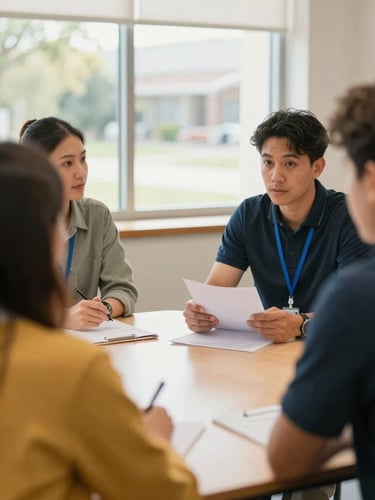 Over-the-shoulder view of school district leaders in a collaborative planning session, natural window light, warm editorial style, shallow depth of field