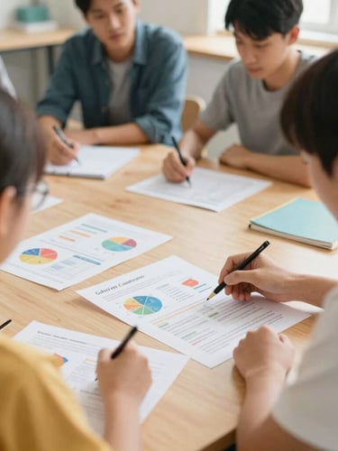 Over-the-shoulder perspective of school leaders in a bright, naturally lit collaborative workshop, analyzing printed strategic charts on a wooden table, shallow depth of field, warm editorial style, 35mm lens.