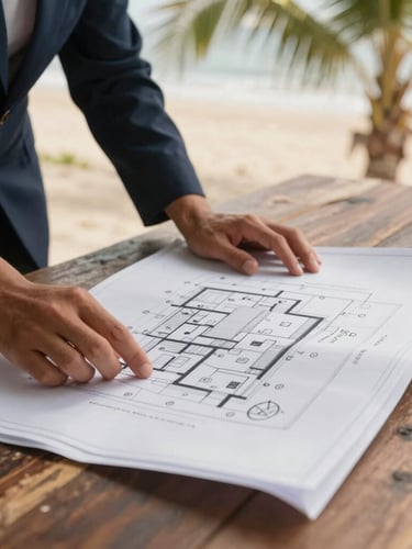 Close crop of hands reviewing architectural blueprints on a rustic wooden table, soft tropical daylight filtering through palms, professional coastal real estate advisory, 35mm