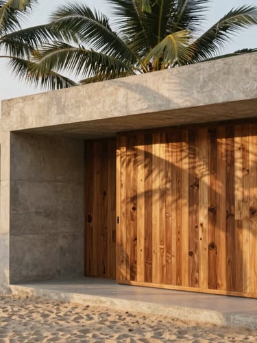 Architectural detail of a modern concrete villa with local wood screens, soft tropical golden-hour light filtering through palm leaves, warm sand tones, 35mm editorial photography