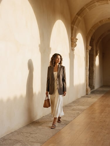 Soft golden-hour light casting shadows of elegant stone arches on a warm cream wall, high-fashion aesthetic, luxury, 35mm