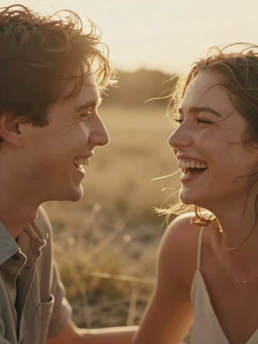 Intimate close-up of a couple laughing, warm golden-hour sun, soft backlighting, cinematic 35mm film aesthetic, out of focus sun-drenched meadow background