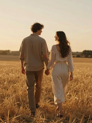 A couple walking hand-in-hand through a sun-drenched golden field, back-lit by warm sunset light, cinematic 35mm film aesthetic, soft focus