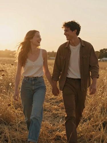 Cinematic medium shot of a couple walking through a golden-hour meadow, laughing, backlit by soft sun flares, warm sand tones, candid 35mm film aesthetic.