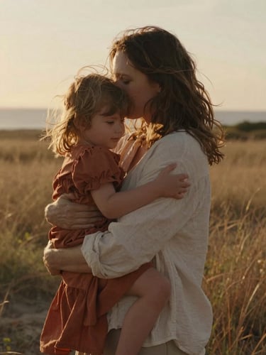 A warm family embrace in a sun-drenched coastal meadow, soft sunset light filtering through hair, cinematic 35mm film aesthetic, candid