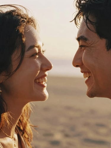 Intimate close-up portrait of a couple laughing together, faces close, warm golden-hour backlighting, soft focus, 35mm film aesthetic, authentic emotion.