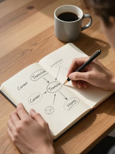 Overhead view of hands sketching career transition strategies on a clean notebook, warm morning daylight casting soft shadows on an oak desk, minimalist coffee mug nearby.