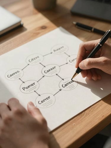Close-up detail of hands sketching a strategic career roadmap on textured paper, warm natural daylight streaming across a clean wooden desk, quiet focus.