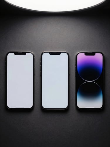 Portrait-orientation flat-lay of three different smartphones side by side on a dark matte surface, soft studio light from above, clean product photography, no branding visible on screen