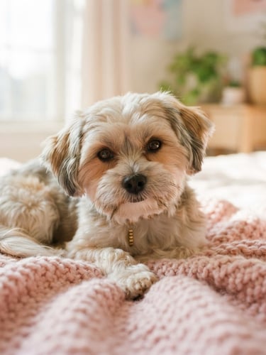 Close-up lifestyle shot of a fluffy Morkie dog lounging on a soft pink blanket in a sunlit room, looking directly at the camera, warm natural window light, shallow depth of field, 35mm film look
