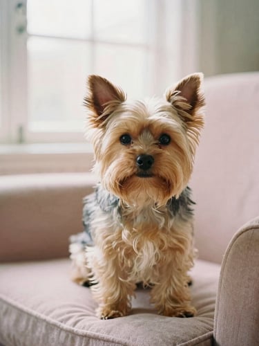 Portrait of a fluffy Morkie (Yorkie-Maltese mix) looking attentively at the camera, sitting on a plush armchair in a sunlit living room, soft natural window light, cozy pastel tones, shallow depth of field, 35mm film look.