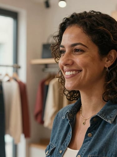 Close-up of a local business owner in Brazil smiling warmly inside her modern clothing boutique, soft natural afternoon light, premium cinematic feel.