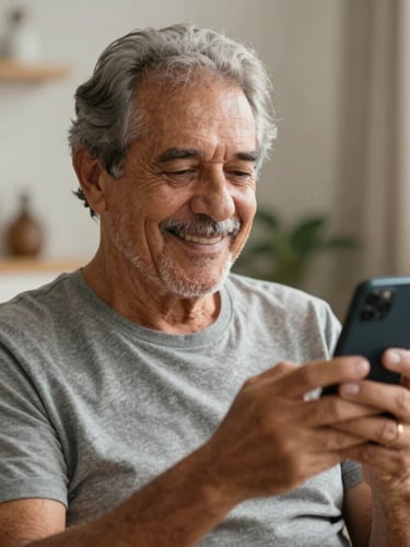 Dignified medium close-up, warm natural morning light, a retired Brazilian man smiling while securely holding his smartphone in a cozy living room.