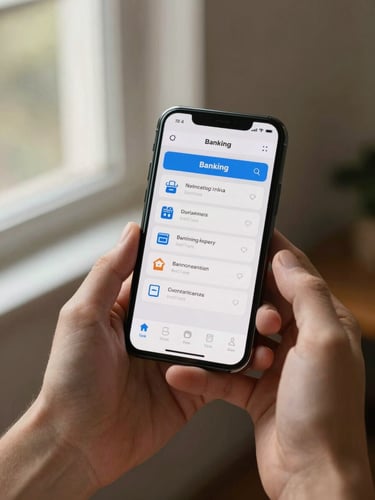 Close-up of hands securely holding a smartphone displaying a clean banking interface, warm natural light from a side window, soft shadows, premium editorial style.