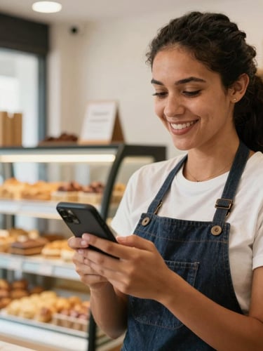 Medium close-up of a local business owner in Brazil working in her bright, modern bakery, holding a smartphone, confident smile, authentic daylight