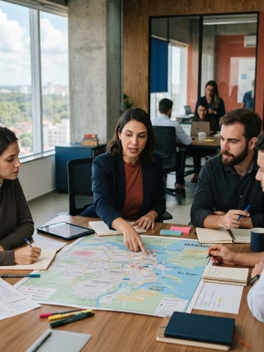 professional editorial photography, natural office daylight, deep navy and warm terracotta tones, 35mm lens, realistic corporate setting of a modern commercial planning session with maps of Manaus.